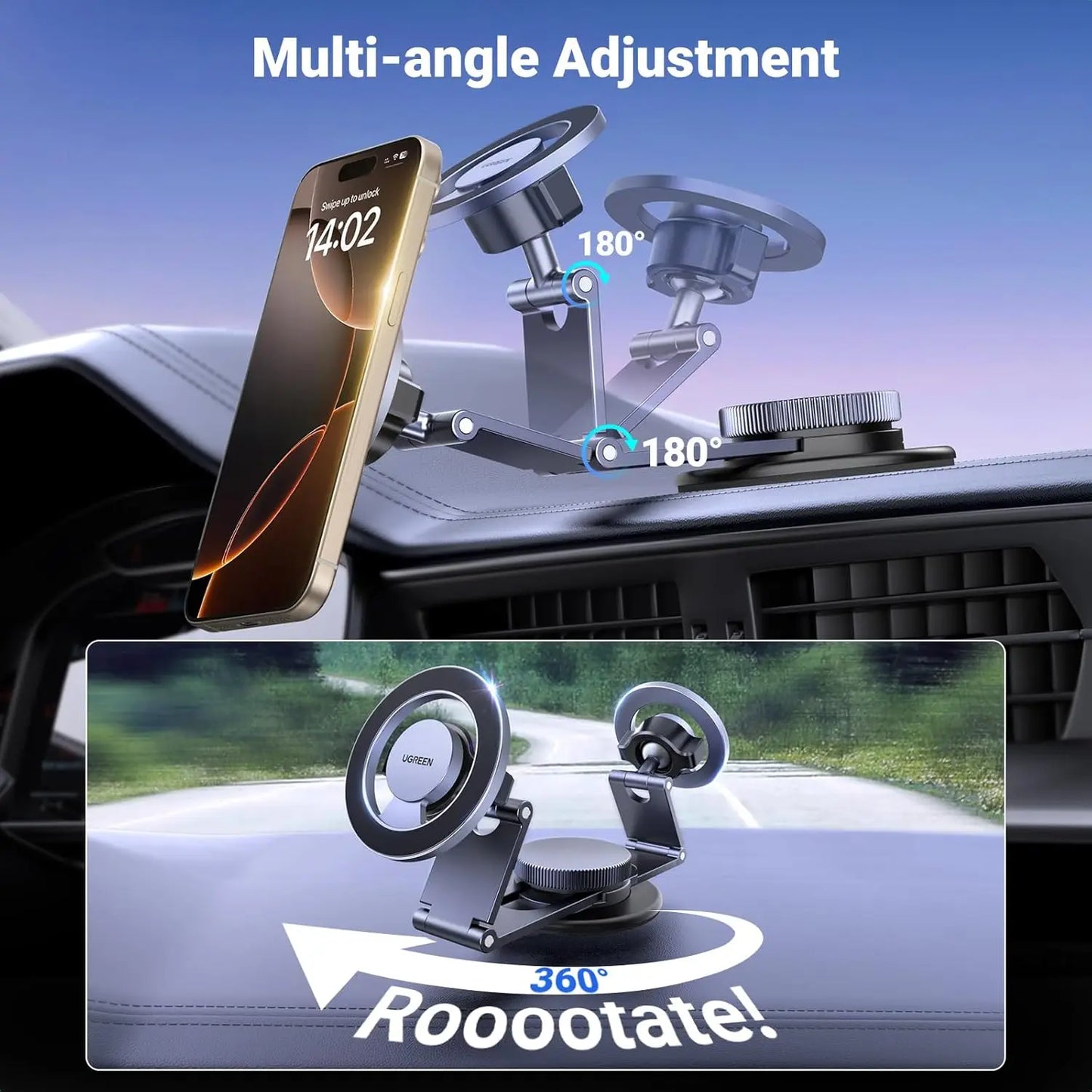 UGREEN Car Mount 360° Rotation Magnetic Phone Holder Dashboard Car Cellphone Holder Compatible for iPhone